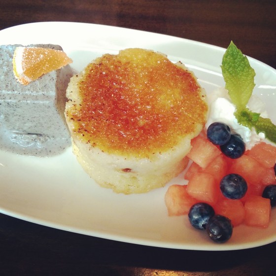 The warm gingered bread pudding with black sesame ice cream. To die for!