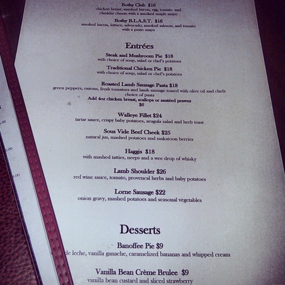 The dinner menu at The Bothy.