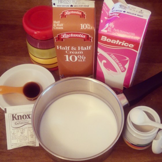 All of my ingredients for panna cotta gathered on the counter.