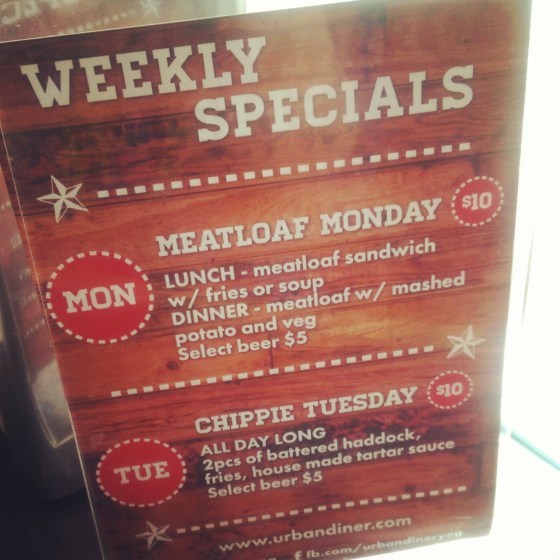 Weekly specials advertised in the restaurant.