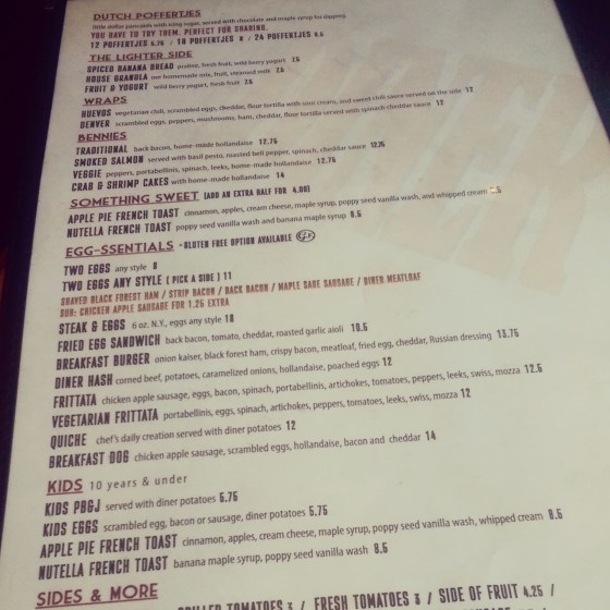 The Urban Diner brunch menu.